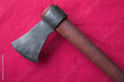 A skillfully made Damascus steel tomahawk.