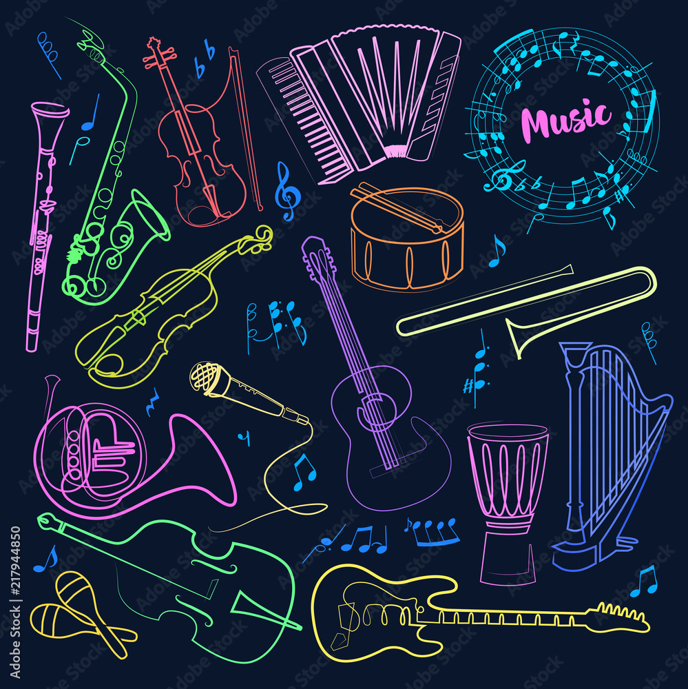 Continuous line drawing of Musical instruments linear vector icons set ...