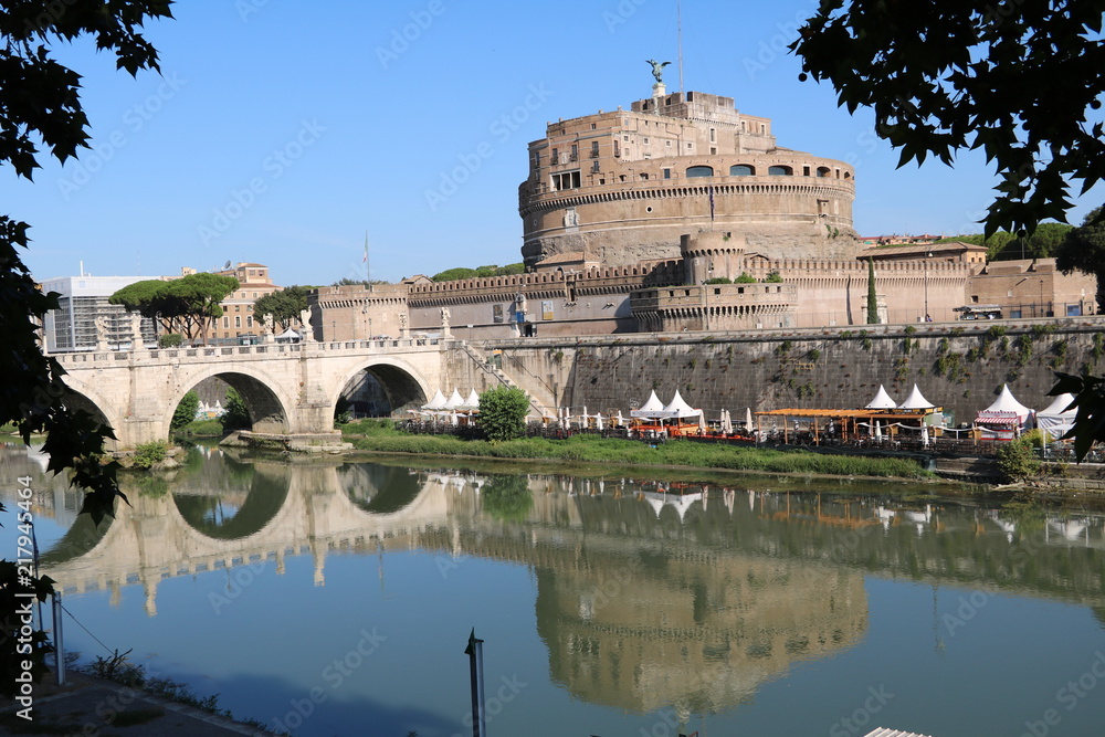Mausoleo di Adriano and Angel Bridge on the Tiber River in Rome, Italy 