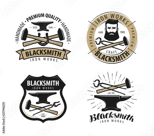 Forge, blacksmith logo or label. Blacksmithing set of emblems
