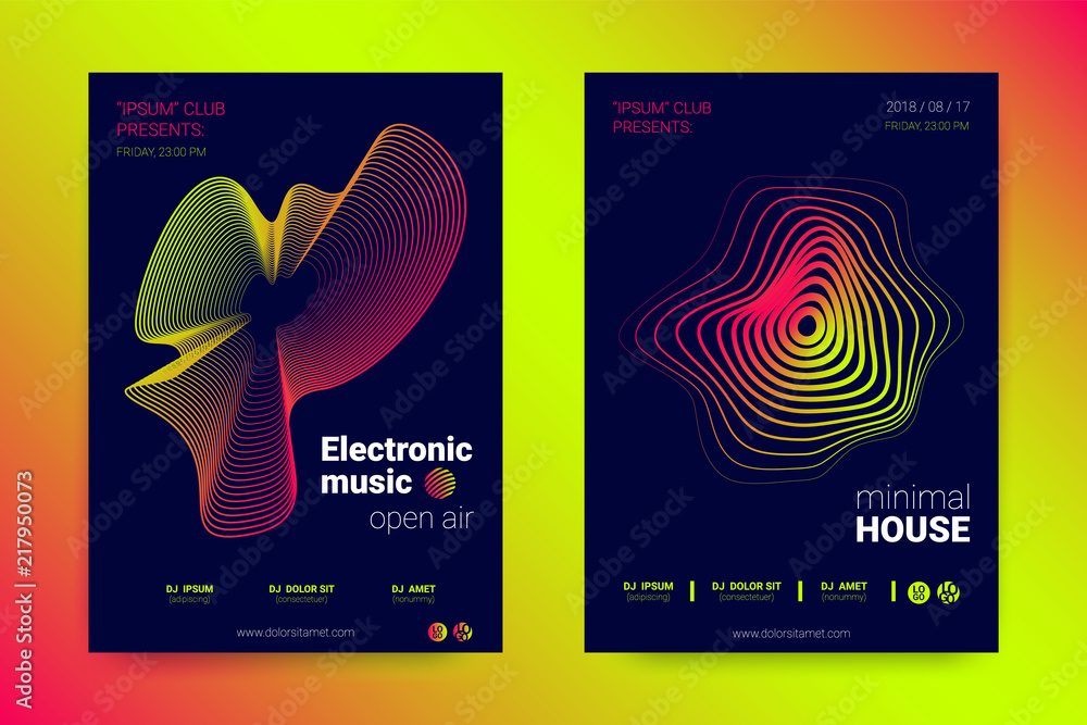 Music Poster Set with Wavy Lines and Rounds.