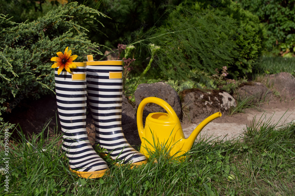 Black and white striped top rain boots