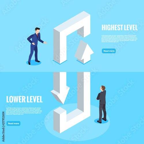 isometric image, people in business suits look at the looped arrows passing between two levels, the web banner