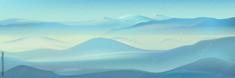 Vector realistic misty mountains landscape. Blue nature background. Beautiful winter mountains silhouette
