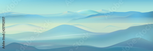 Vector realistic misty mountains landscape. Blue nature background. Beautiful winter mountains silhouette