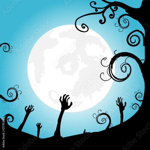 Halloween night, grunge background with Moon and bats, illustration