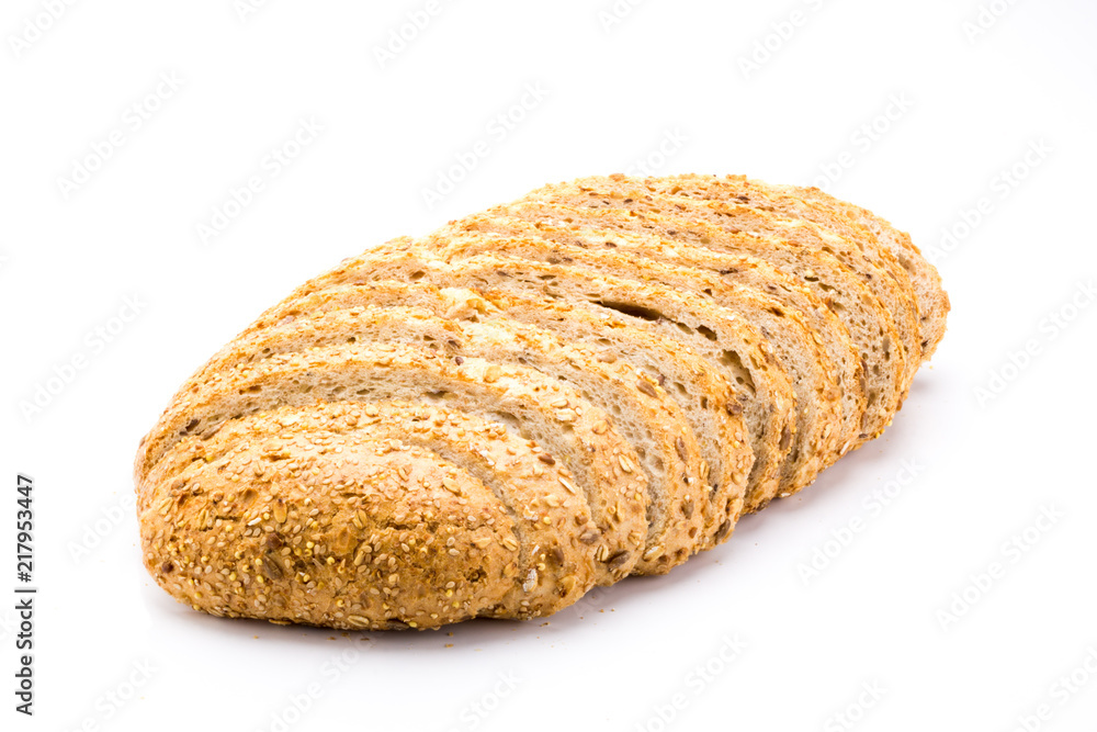 Freshly baked 7 cereals bread, whole grain food with a lot of fiber isolated on a white background Freshly baked 7 cereals bread, whole grain food with a lot of fiber isolated on a white background