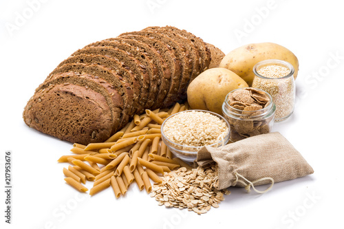 Group of whole foods, complex carbohydrates isolated on a white background