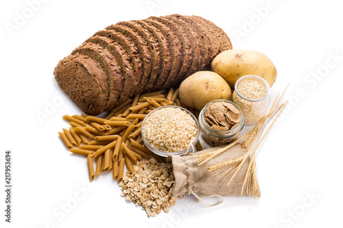 Foto Group of whole foods, complex carbohydrates isolated on a white background
