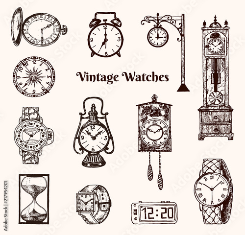 Vintage classic pocket watch, alarm clock, hourglass and dial showing time. Ancient collection elements. Engraved hand drawn old monochrome sketch.