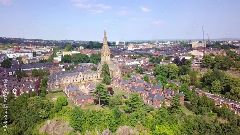 Flying toward St Leonards church in Exeter, England, Aerial Push