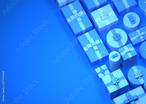 Blue rows of wrapped up christmas presents. Background pattern design, 3D illustration