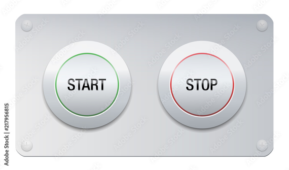 Fototapeta premium Start and stop button on a chrome surface panel for instruments, machines, gadgets.