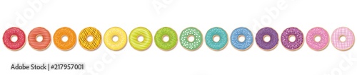 Donut pattern. Rainbow colored donuts in a line. Isolated vector illustration on white background.