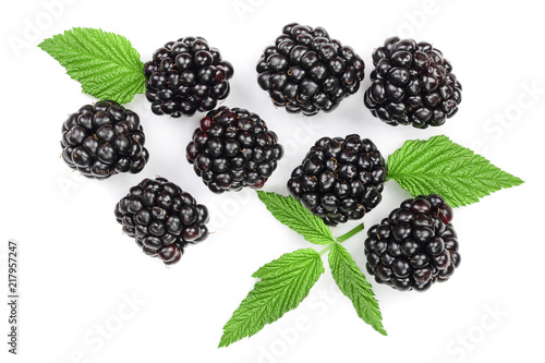 Fresh blackberry with leaves isolated on white background. Top view. Flat lay pattern