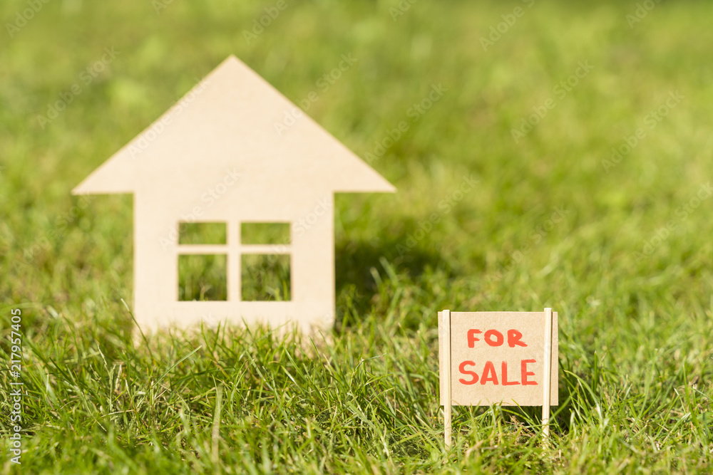 Cardboard house on grass with for sale sing real estate concept Cardboard house on grass with for sale sing real estate concept
