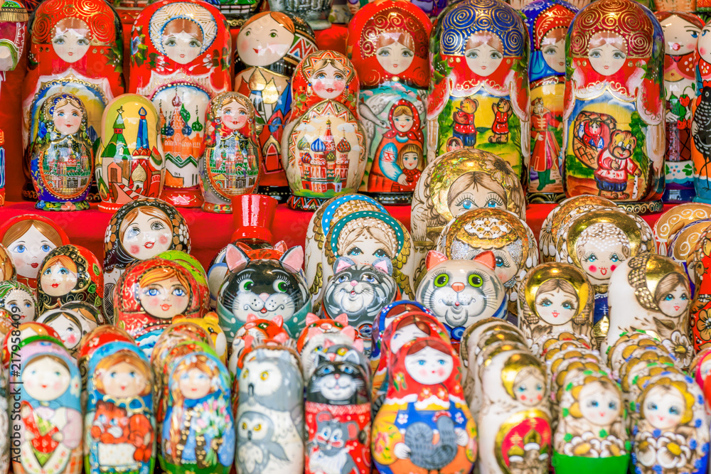 Colorful Russian nesting dolls at the market.