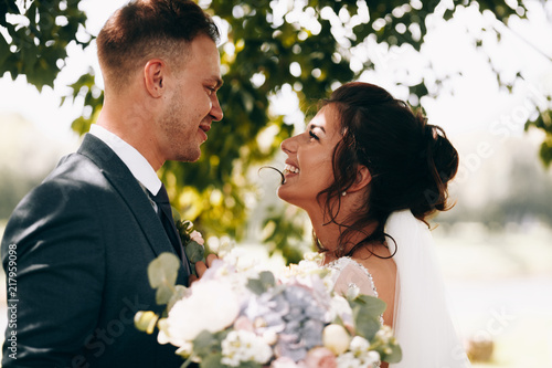 Sensual portrait of a young couple. Wedding photo outdoor