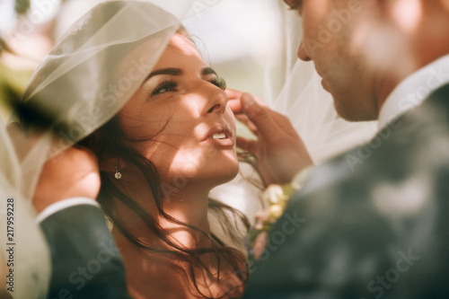 Sensual portrait of a young couple. Wedding photo outdoor