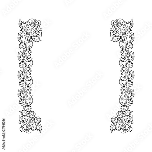 Floral Border for Chapter Book Page Design. Italian vintage ornament for vertical Divider or Frame. Isolated Retro greeting card or wedding, decoration vignette. Royal flourish, headpiece template