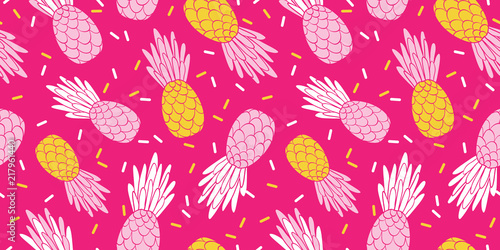 Pink yellow pineapples repeat pattern design. Great for summer vacation modern fabric, wallpaper, backgrounds, invitations, packaging design projects. Surface pattern design.