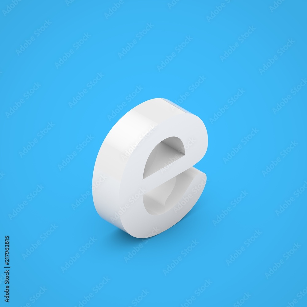 White glossy isometric letter E lowercase isolated on blue background. White glossy isometric letter E lowercase isolated on blue background.