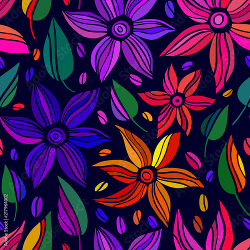 Vector seamless pattern with hand drawing wild flowers, colorful botanical illustration, floral elements, hand drawn repeatable background. Artistic backdrop.