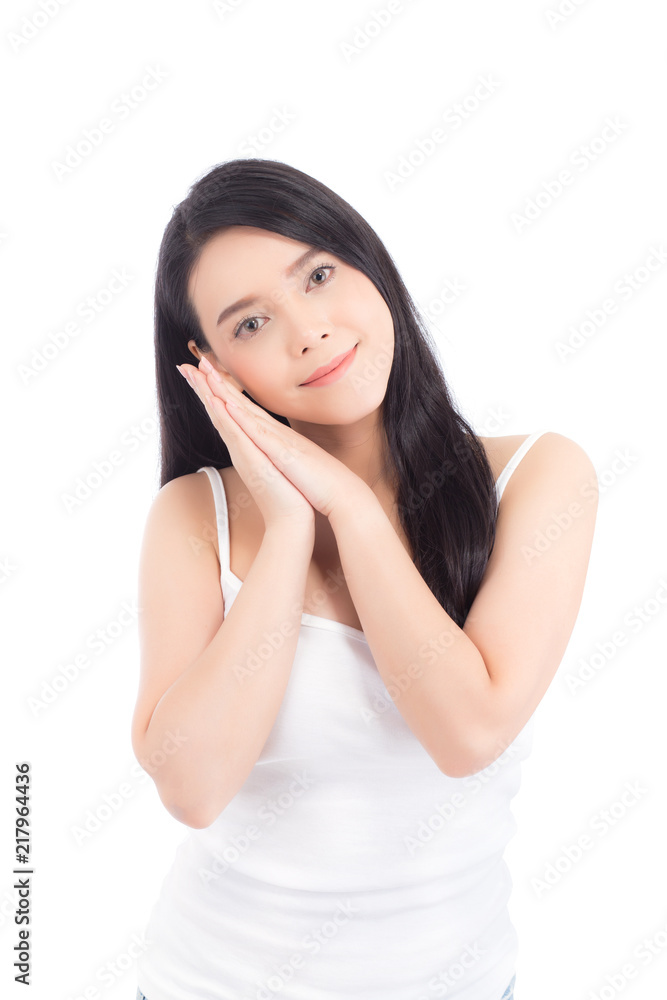 Portrait of beautiful woman asian makeup of cosmetic, girl hand touch cheek and smile attractive, face of beauty perfect with wellness isolated on white background with skin healthcare concept. Portrait of beautiful woman asian makeup of cosmetic, girl hand touch cheek and smile attractive, face of beauty perfect with wellness isolated on white background with skin healthcare concept.