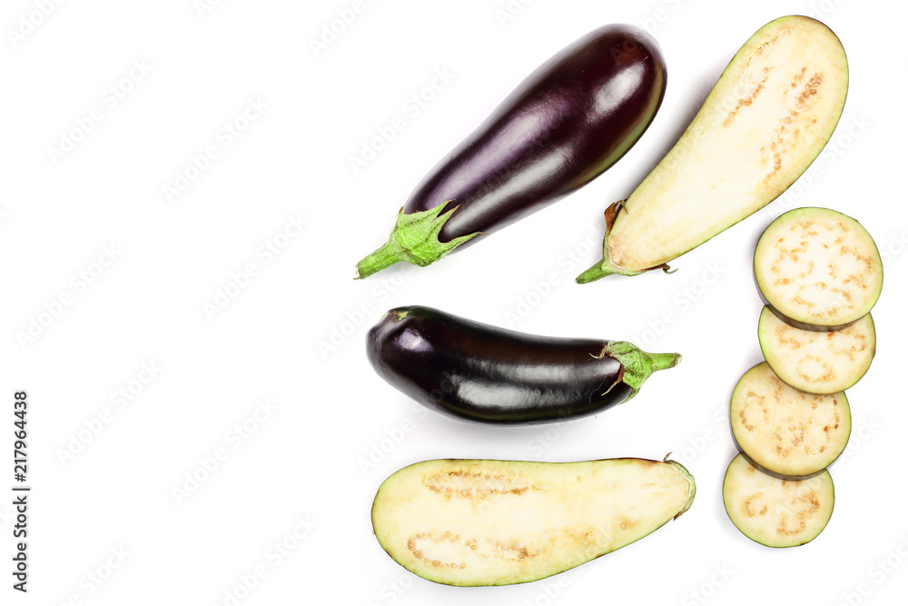 eggplant or aubergine isolated on white background with copy space for your text. Top view. Flat lay pattern eggplant or aubergine isolated on white background with copy space for your text. Top view. Flat lay pattern