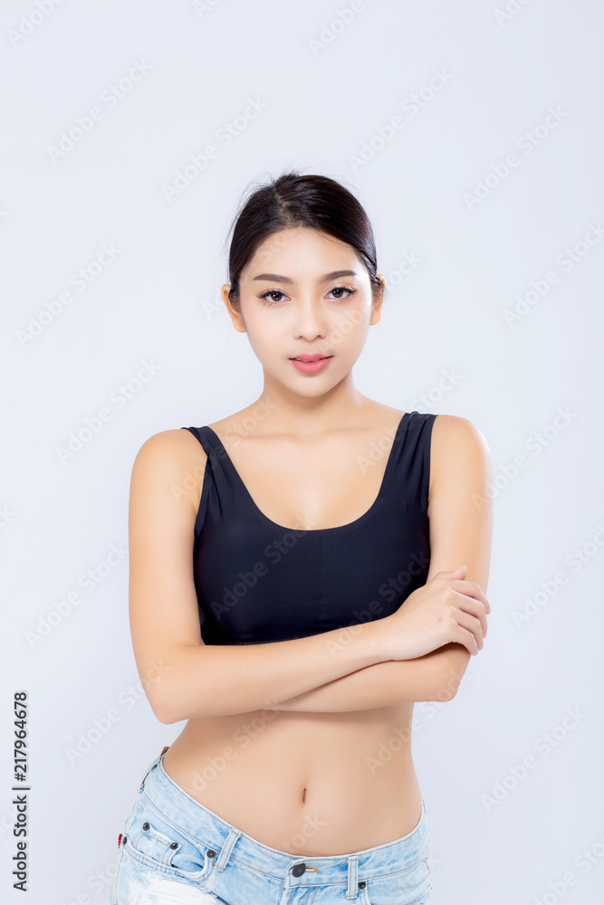 Portrait young asian woman smiling beautiful body diet with fit isolated on white background, model girl weight slim with cellulite or calories, health and wellness concept. Portrait young asian woman smiling beautiful body diet with fit isolated on white background, model girl weight slim with cellulite or calories, health and wellness concept.
