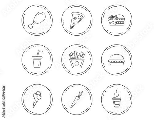 Vegetarian burger  pizza and soft drink icons.
