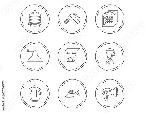 Dishwasher, kettle and mixer icons.