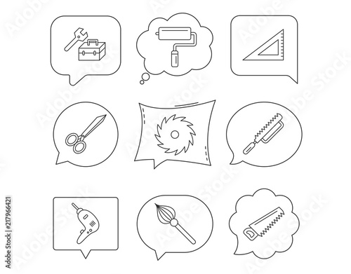 Scissors, paint roller and repair tools icons.