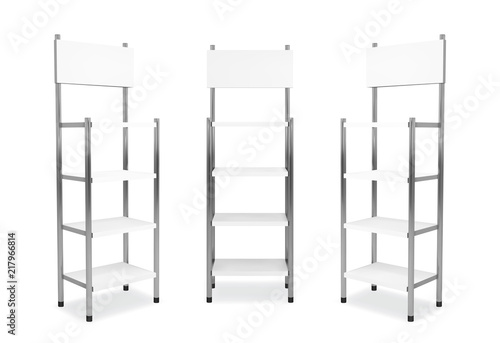 Promotion shelving mockup. Isolated vector retail product stand wiwh shelf.