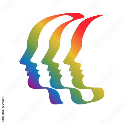 Three (or six) human profile, drawn by multicolored ribbon-like single line. Symbol of the unity in diversity. Vector drawing on isolated background.