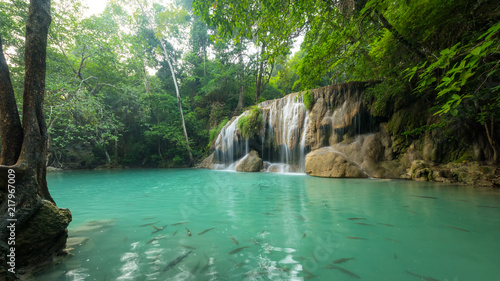Wonderful green waterfall and nice for relaxation  Breathtaking and amazing turquoise water at the evergreen forest 