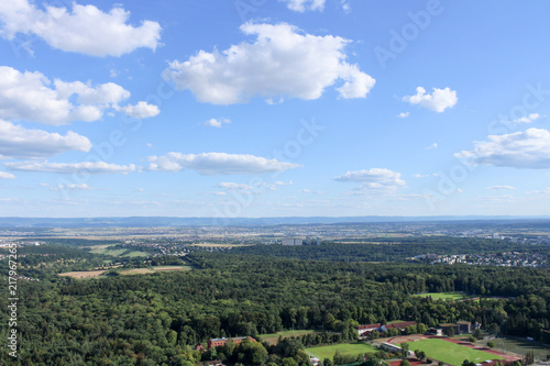 Amazing Landscape view on the beautiful forests  alpine mountains and idyllic fields of South Germany with a blue sky before sunset with clouds