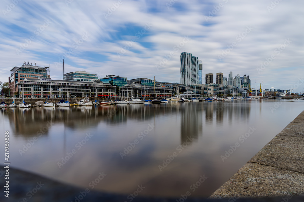 Longterm Exposure Modern Harbour Puerto Madero district in Bueno