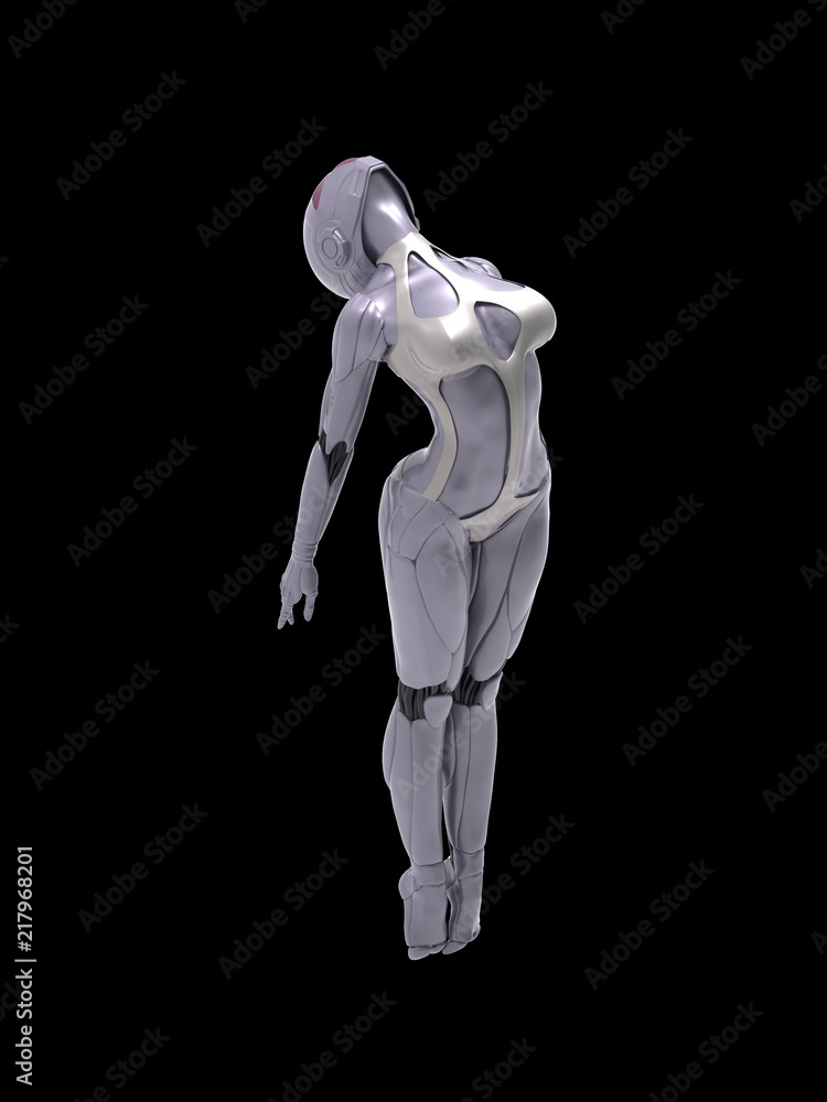 Robotic Cyber Woman is flying 3D Rendering