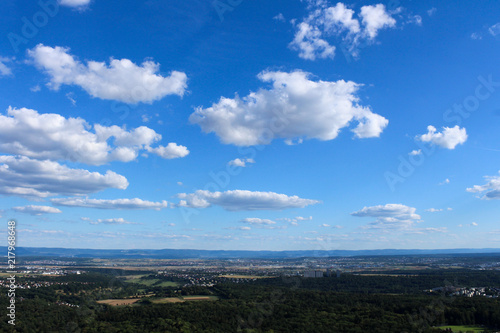 Amazing Landscape view on the beautiful forests  alpine mountains and idyllic fields of South Germany with a blue sky before sunset with clouds