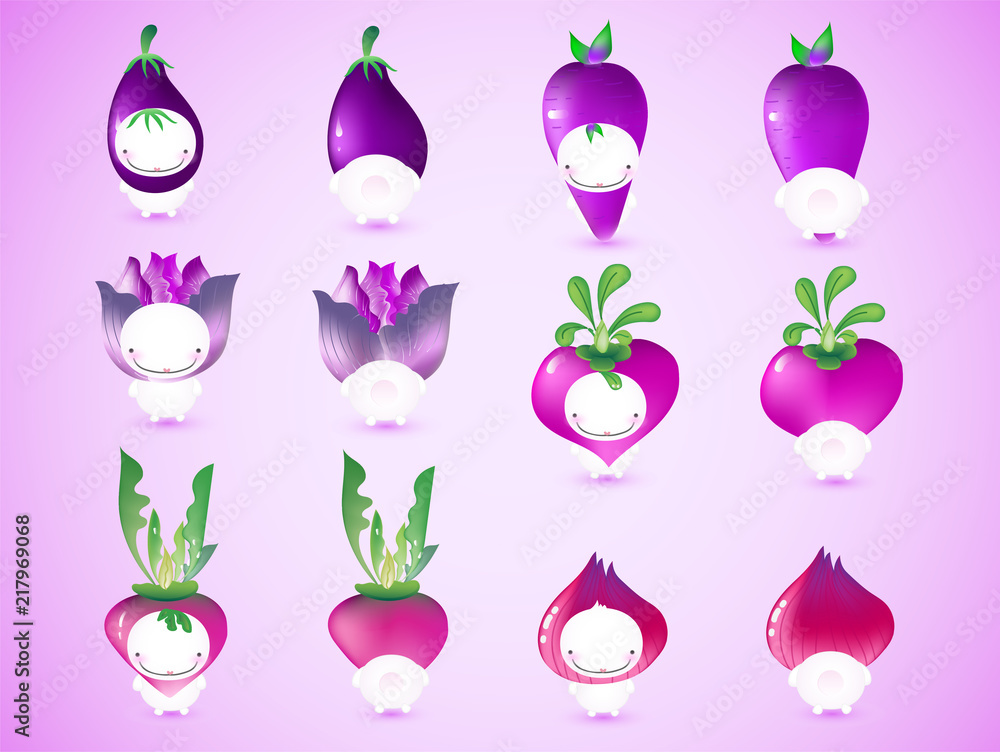 Cute collection of purple vegetable cartoon characters, Front side and backside of adorable acting of purple eggplant, carrot, cabbage, beetroot, radish and onion