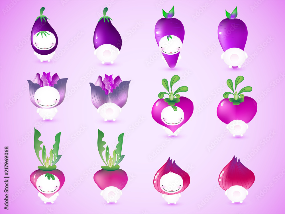 Cute collection of purple vegetable cartoon characters, Front side and backside of adorable acting of purple eggplant, carrot, cabbage, beetroot, radish and onion Cute collection of purple vegetable cartoon characters, Front side and backside of adorable acting of purple eggplant, carrot, cabbage, beetroot, radish and onion