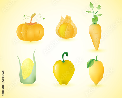 Cute collection of yellow vegetable cartoon characters  front side and backside of adorable acting of yellow pumpkin  sweet pepper  Cape gooseberry  chili  carrot  Lemon and corn.