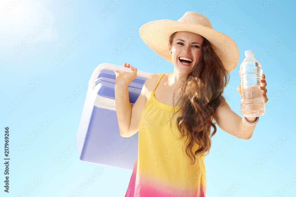 woman with blue plastic cooler box giving bottle of cold water woman with blue plastic cooler box giving bottle of cold water