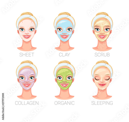 Woman with different skin care facial mask types. Set of vector illustrations.