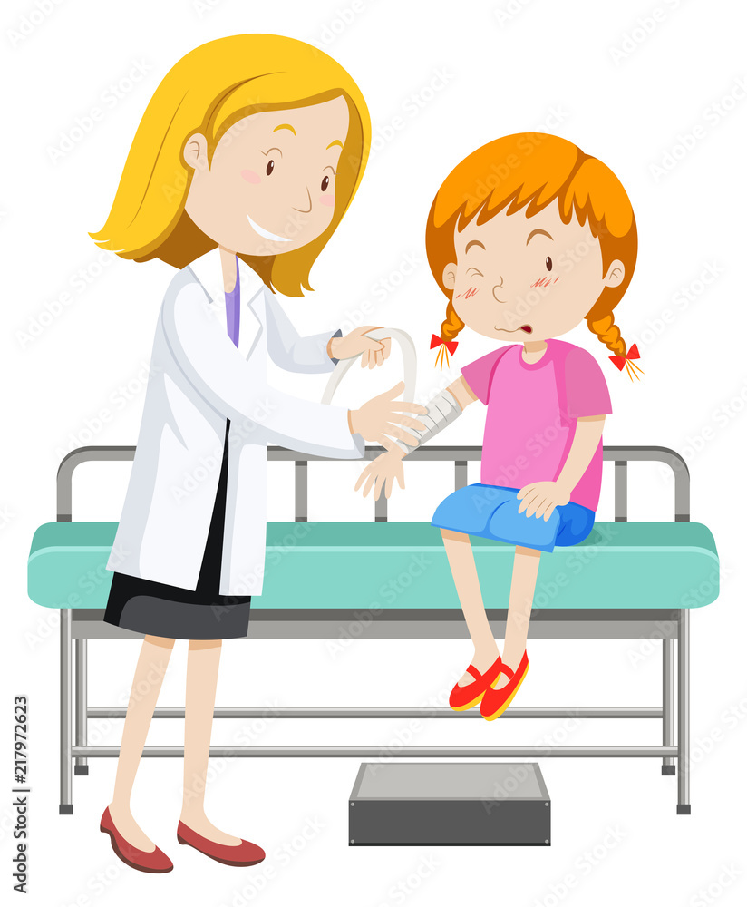 Doctor helping young girl with broken arm Doctor helping young girl with broken arm