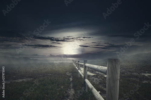 Wooden fence with mist on spooky grass field at night