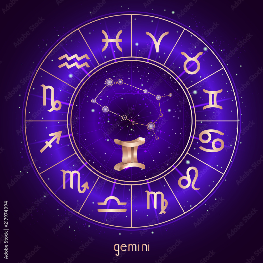 Zodiac sign and constellation GEMINI with Horoscope circle and sacred  symbols on the starry night sky background with geometry pattern. Vector  illustrations in purple color. Gold elements. Stock Vector | Adobe Stock