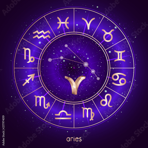 Zodiac sign and constellation ARIES with Horoscope circle and sacred symbols on the starry night sky background with geometry pattern. Vector illustrations in purple color. Gold elements.