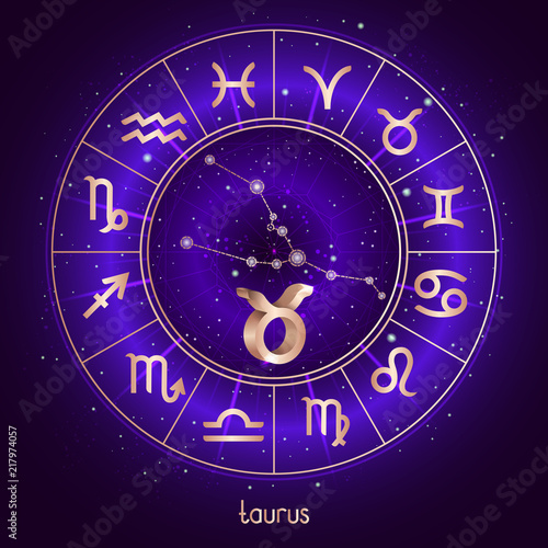 Zodiac sign and constellation TAURUS with Horoscope circle and sacred symbols on the starry night sky background with geometry pattern. Vector illustrations in purple color. Gold elements.